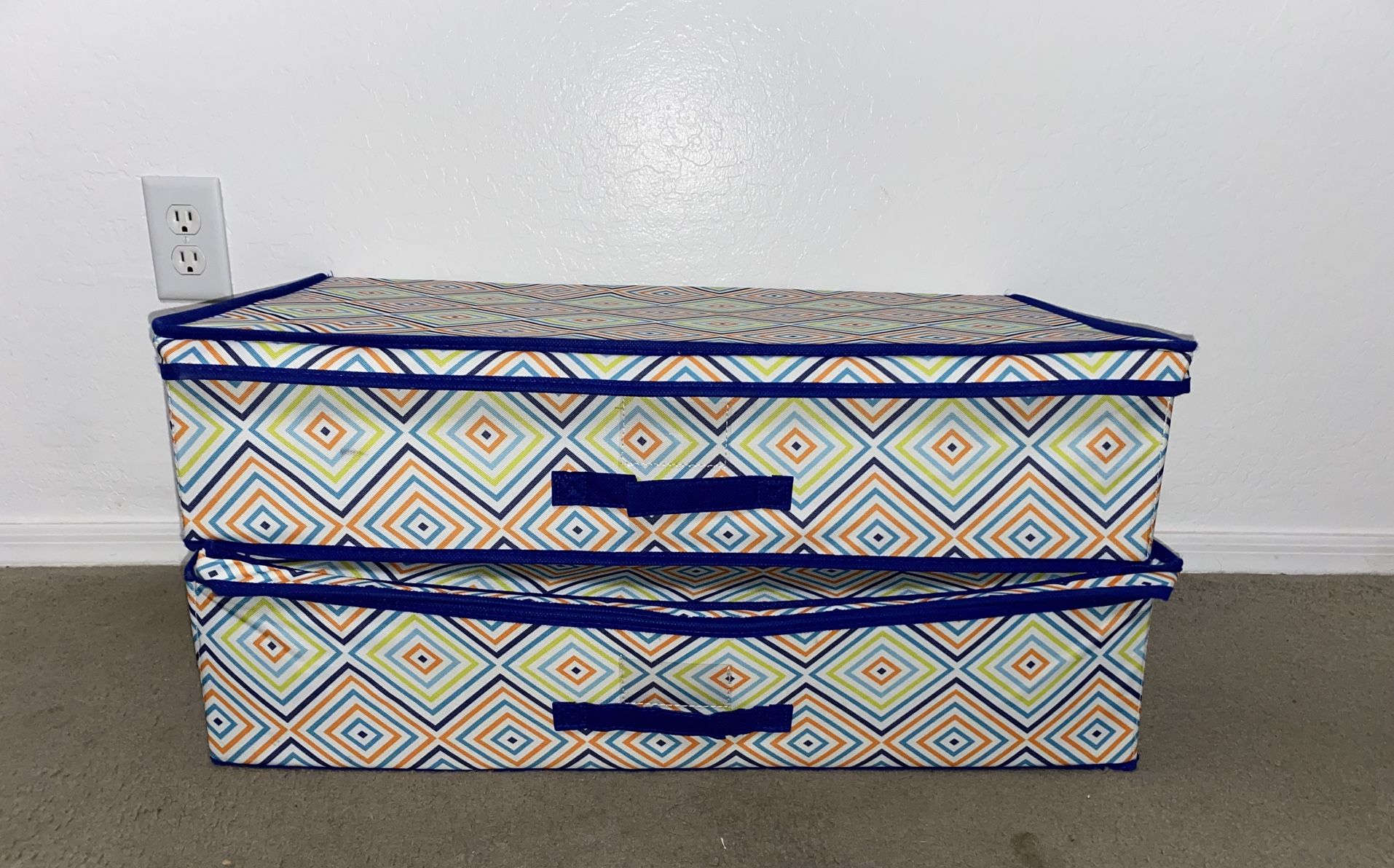 Pair of 2 Macbeth Collection Collapsible Storage Container Set Large Jumbo Size Royal Blue Geometric Chevron Pattern 