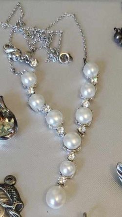 VINTAGE STAMPED STERLING SILVER 925 FAUX PEARL CZ ADJUSTABLE Y NECKLACE