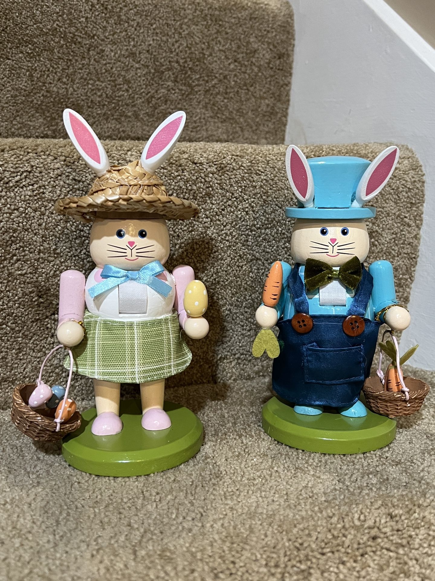 Bunny Rabbit Wooden Nutcrackers Boy & Girl Pair Easter eggs basket Wicker Hat