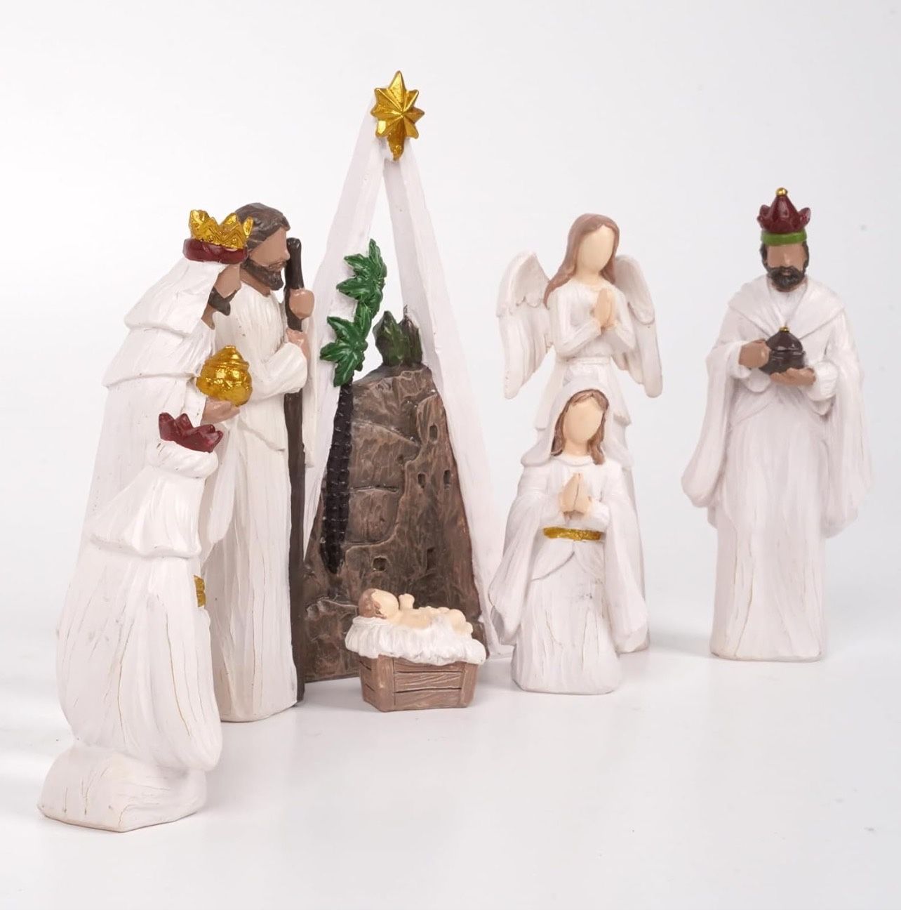Modern White Resin Nativity Set Christmas DecorationFigurine with Golden Crown Decoration 8-Piece Religious Sisplay Series (White)