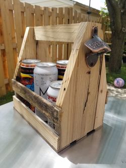 Wooden 6 Pack Can Holder with Bottle Opener