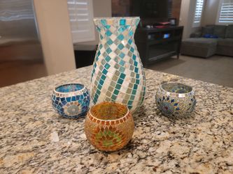 Mosaic Glass Vase and Votive Candle Holder Set