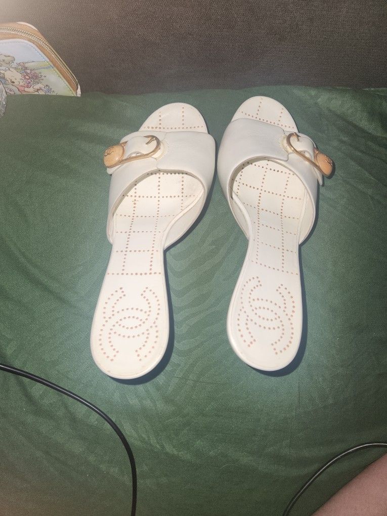 Vintage Chanel, Wood Sole & Heel, White Gold Accents, Size 38