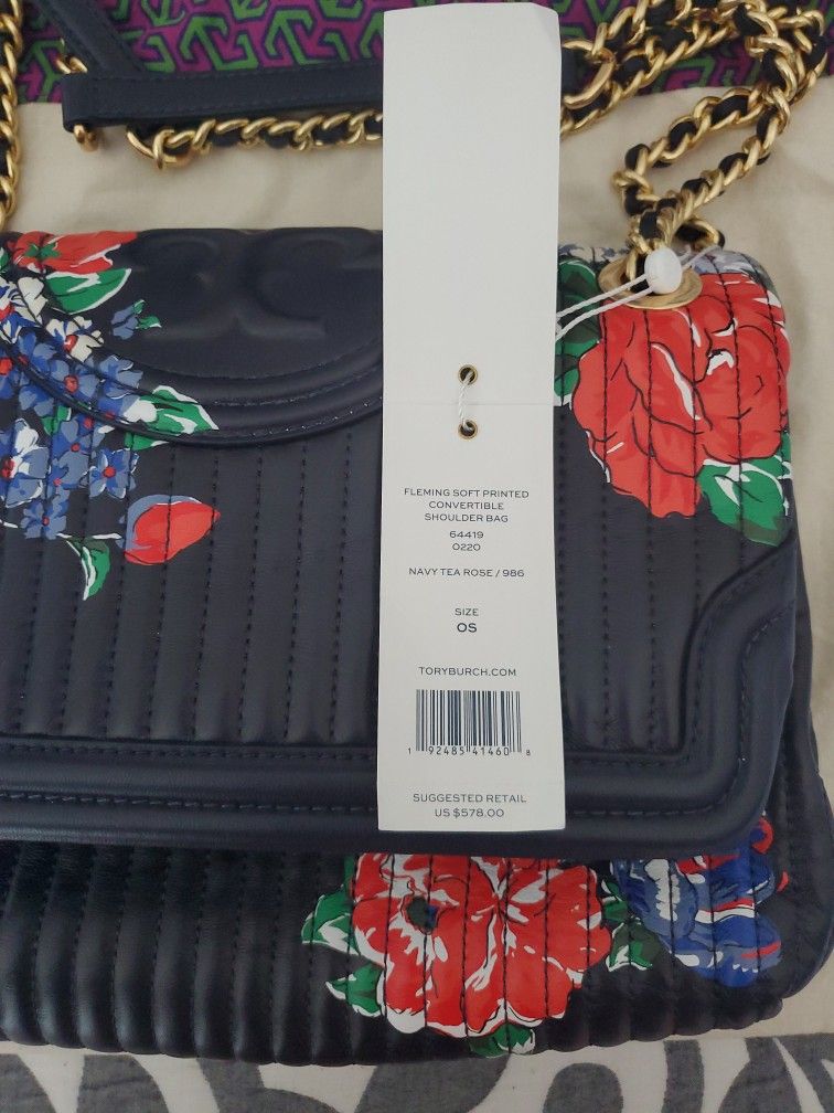 Brand New Tory Burch Fleming Soft Leather Navy Tea Rose Shoulder