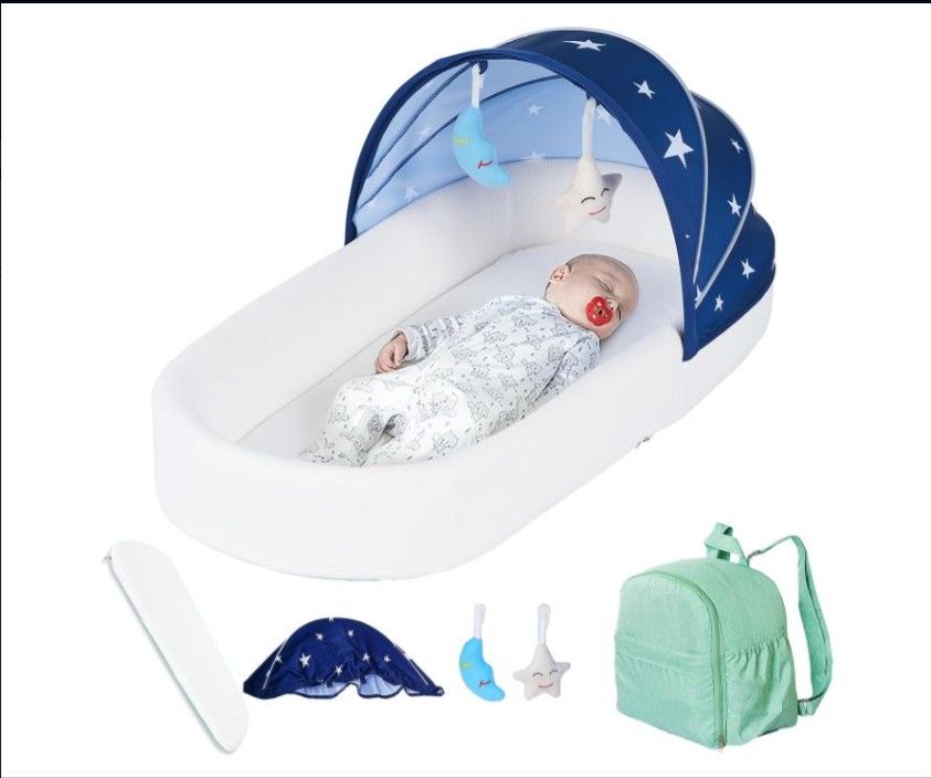 Portable Newborn Nest Lounger-Travel Bassinet, w/ Canopy - Indoor-Outdoor Use (Blue) by Protable