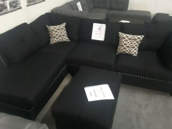 New Black Microfiber Sofa Nail Studded Sectional Free Accent Pillows New Black Microfiber Sofa Nail Studded Sectional Free Accent Pillows 649