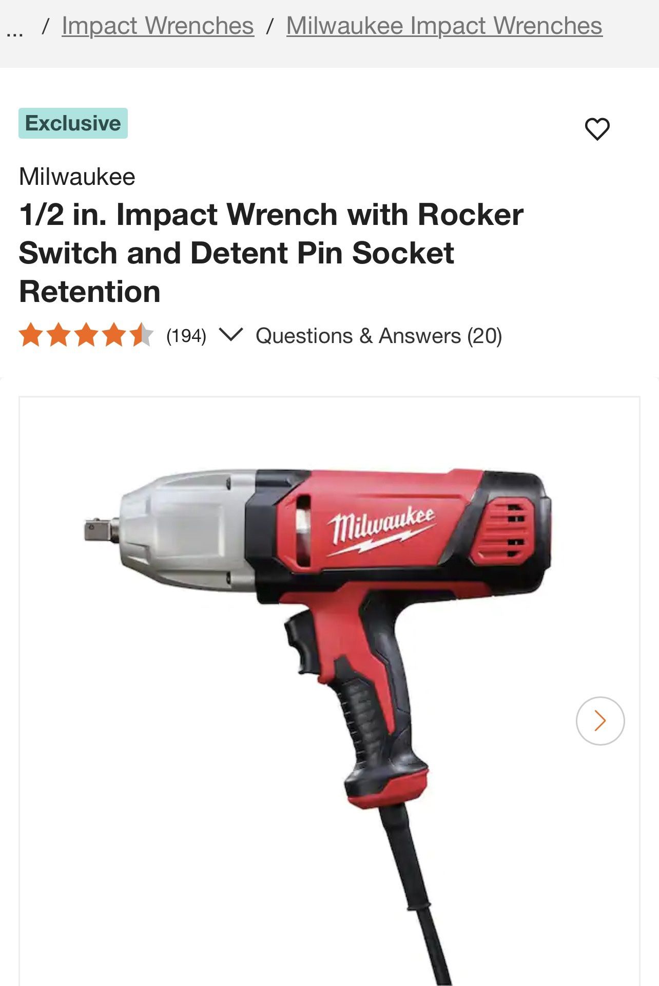 Milwaukee 1/2 in. Impact Wrench with Rocker Switch and Detent Pin Socket Retention