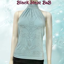 Sleeveless light aqua sequence embroidered bead halter top. Sz Med