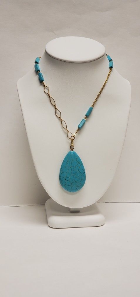 Gold Tone Bohemian Faux Turquoise Necklace 34"