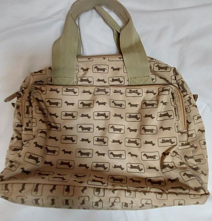 Ubi Beige Brown Green Dachshund Dog Pattern Small Softside Handbag Purse 