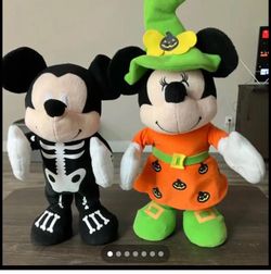 Disney Just Play Halloween Mickey Mouse animated Skeleton Plush stands 13" tall and an animated witchy Minnie Mouse.