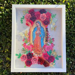 Virgen De Guadalupe Shadow Box With Lights and Flowers 