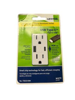 Leviton T5633-BW 15-Amp Type A and C USB In-Wall Charger Outlet (White)