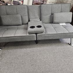 Brand New Gray Linen Sofa Futon With Cup Holders And USB (65"×36" When Flat)