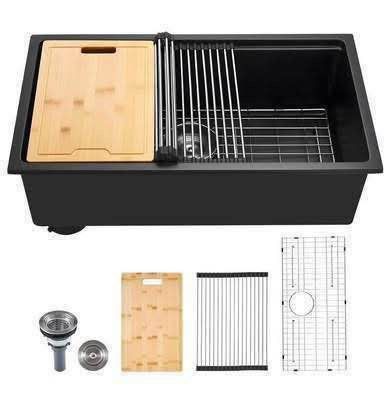 New 30" Undermount Kitchen Sink Black Granite Composite Workstation Sink 16 Guage