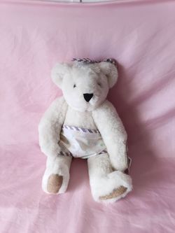 1992 Vermont Teddy Bear Co. White Jointed Stuffed Bear 16" W/ Alphabet Diaper