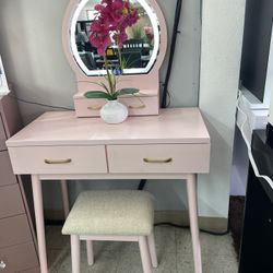 Small Pink Wooden Vanity Set Stool Included new