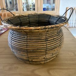 Round Bamboo Basket W/Handle Storage Decor