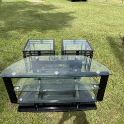 Metal/Glass Entertainment Center With Glass/ Metal End Tables