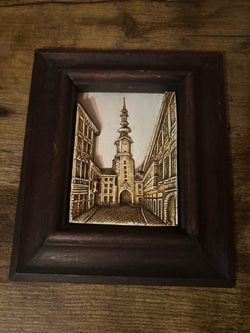 Framed Ceramic Tile Art Old Town Street Scene