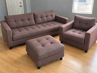 $150 3-Piece Tufted Sofa Set with Chair and Ottoman