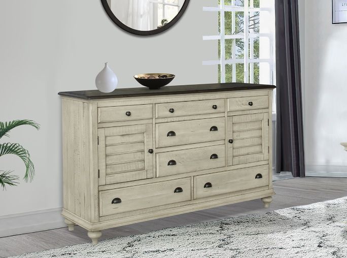 Sunset Trading  Shades of Sand Cream Walnut Brown Solid Wood Two Tone Sideboard/ Dresser