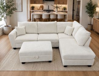 Cream sectional w/ storage ottoman
