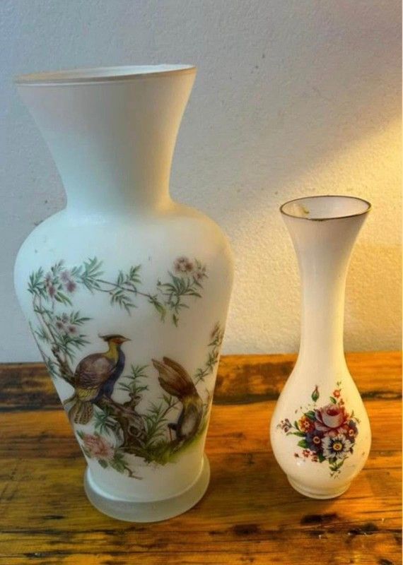 Juego Jarrones Porcelana Leche Pintado Antiguo