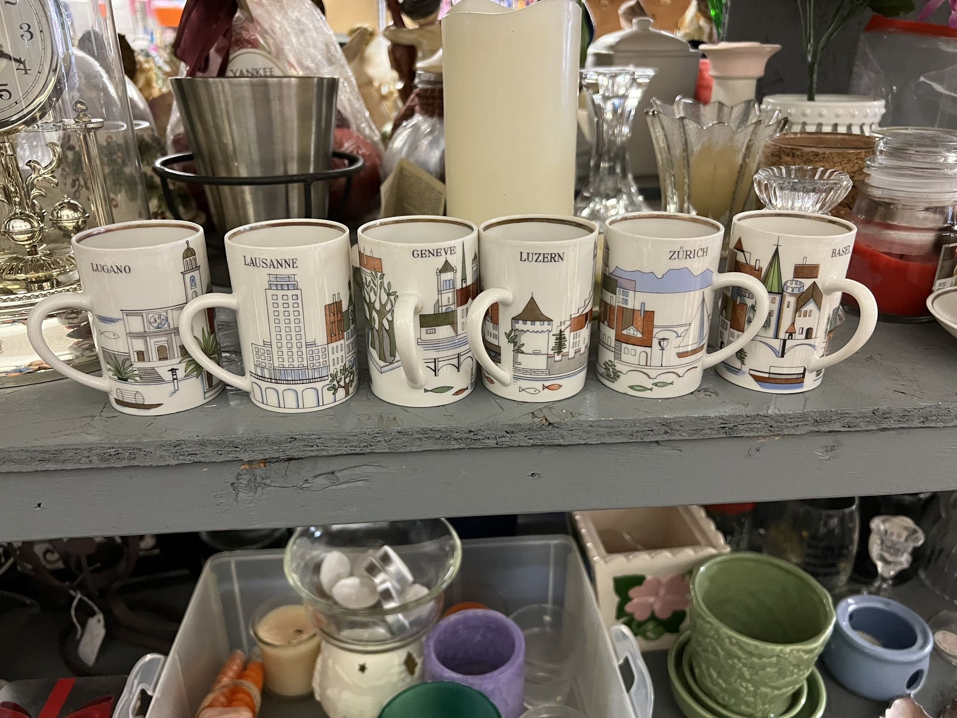 Vintage Beautiful SUISSE LANGENTHAL “CITIES” Set Of 11 Espresso Mugs. Geneve,Bern, Basel,Lucerne,Lugano, Zurich Mugs. Made In Switzerland.