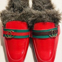 Xibertyzzeno Women's Red Leather Fur Lined Slip-On Loafers 7