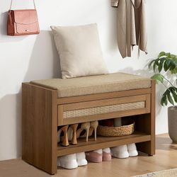 Shoe Bench Entryway Bench with Storage Drawer and Linen Seat Cushion, Farmhouse Boho Shoe Rack with Shelf, Wooden Storage Bench for Entryway Hallway a