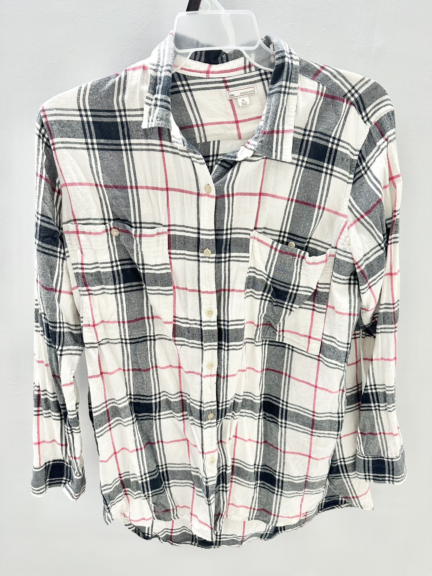 Gap White Red Paid Long Sleeve Button Up Flannel Shirt Women's XL 