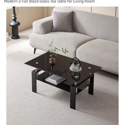 Modern 2-Tier Black Glass Tea Table for Living Room 