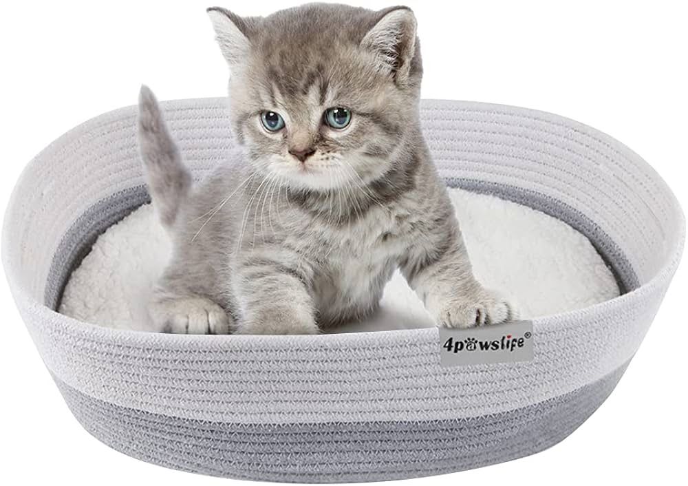 4pawslife Pet Bed for Indoor Cats or Small Dogs, Cotton Rope Woven Cat Bed Puppy Kitty Kitten Rabbit Anti-Slip Bottom Cat Bed House Pet Supplies Cat T