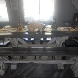 Solid Wood Farmhouse Table With Bench And Chair