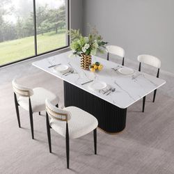 Modern 5-Piece Faux Marble Dining Table Top with Boucle Armless Chairs in White Dining Room Set for Kitchen