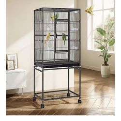 54 Inch Wrought Iron Large Bird Flight Cage with Rolling Stand for Parakeets Canaries Cockatiels Lovebirds Conures, Black$70