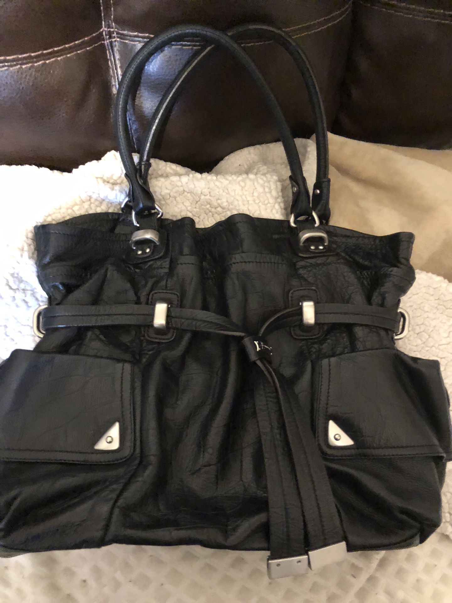 B Makowsky Large Leather Bag, Black w/Nickel Trim