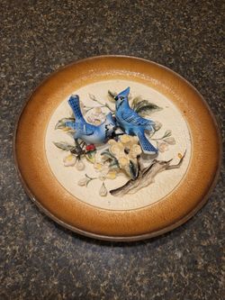 Blue Jay decorative 10" porcelain plate, Handpainted, made in Bedford, OH (one beak has chip in paint)