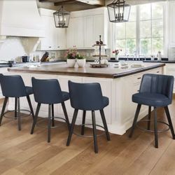 Paul 26 in. Blue Modern Faux Leather 360° Swivel High Back Barstool Solid Wood Counter Height stool (Set of 4)