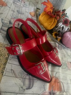 Red Leather Pointed-Toe Buckle Slingback Flats
