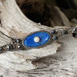 Vintage  Blue Lapis & Marcasite  Sterling Filigree Brooch 