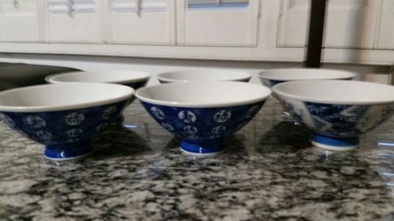 5 Chinese hand-painted blue and white porcelain deep set rice bowls 1930's,