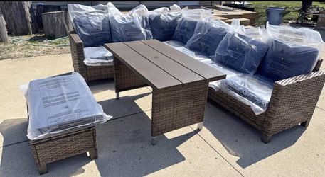 outdoor wicker patio furniture sofa sectional set with table & storage bench - brown / navy - NEW