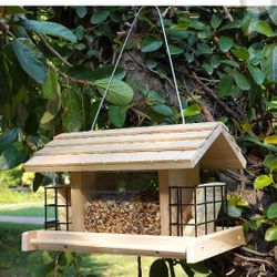 Wooden Bird Feeder for Outdoors Hanging Mount Large Capacity, Pine Garden Roof Feeder with 2 Suet Cages, Cardinal Bluebird Birdfeeder for Garden Decor