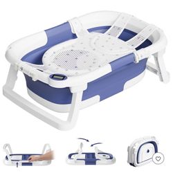 Collapsible Baby Bathtub for Infants and Toddlers with Bath Net and Thermometer Blue