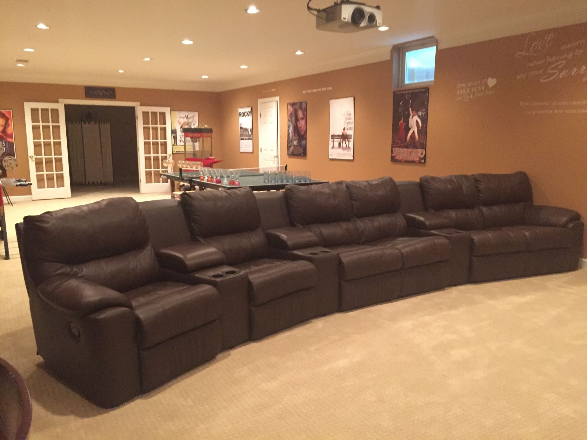 Brown leather reclining theatre seating