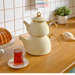 Karaca Retro Teapot Set Cream, Enamel, Teapot/Lid (1.1 lt, 2.4 lb), Tea Kettle (2.3 lt, 5 lb)