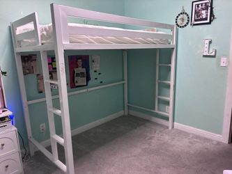 White Metal Twin Loft Bed Frame w/ Dual Ladders