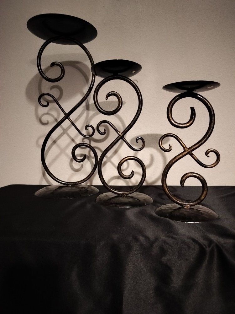 3 Black Iron Cloned Designed Candle Holders